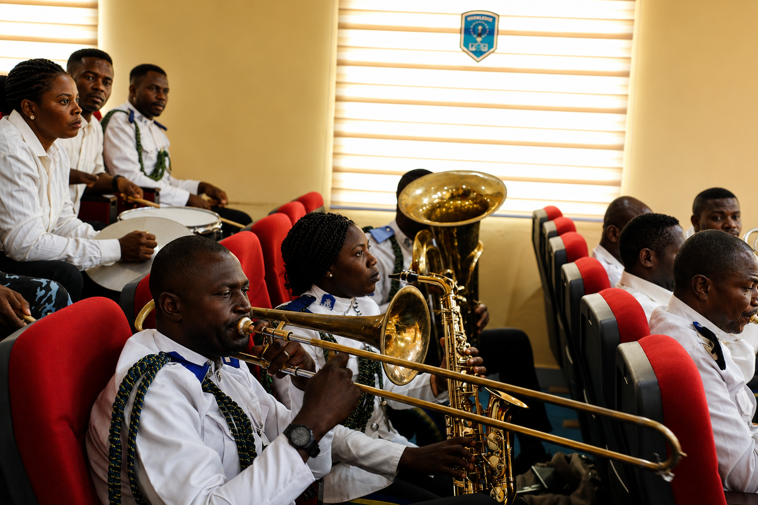 Students playing musical instruments at Al-Muhibbah Open University.