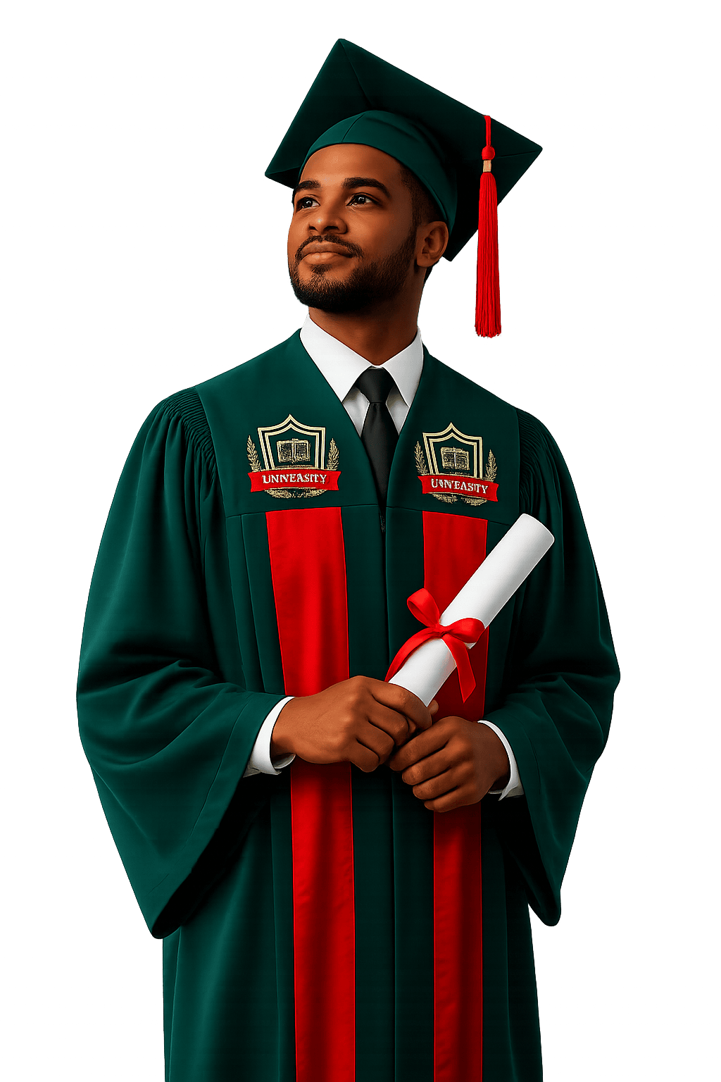 Graduate in green cap and gown holding diploma at Al-Muhibbah Open University.
